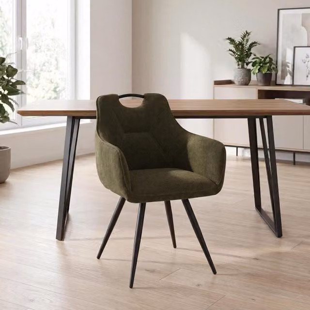 Shankar Modern Fabric Dining Chairs with Armrests and Black Metal Legs, Green
