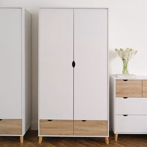 Lemon Pavilion Furniture Stockholm 2 Door Wardrobe with Integrated Drawers, White and Oak, W: 100 cm, D: 58 cm, H: 190 cm – 3