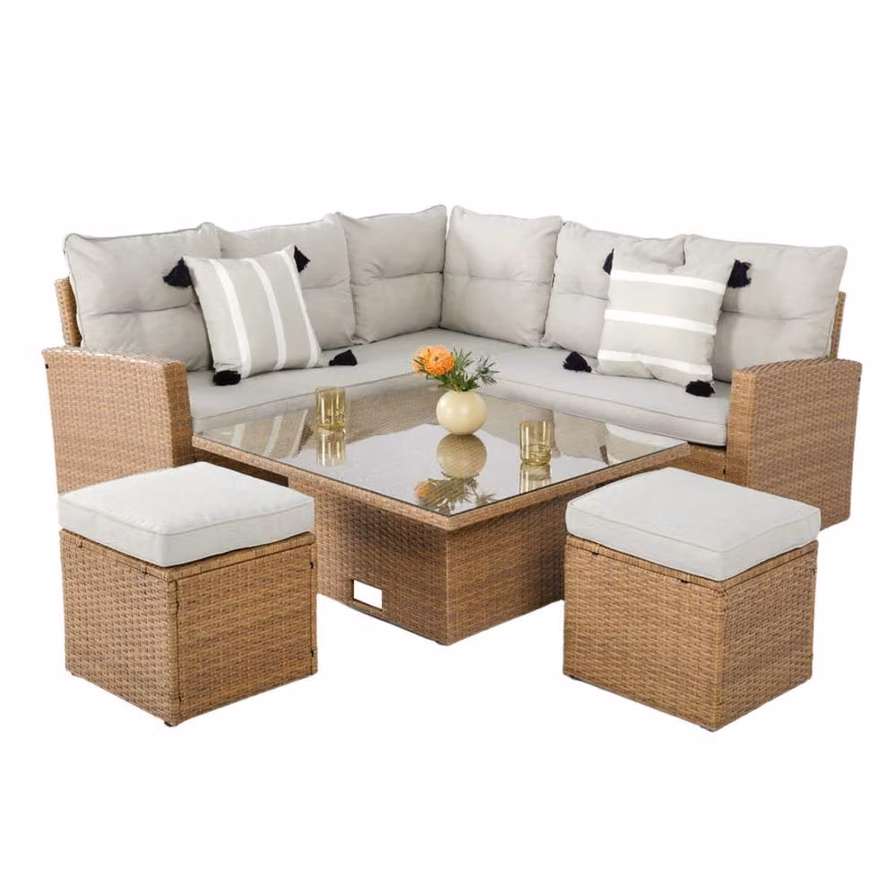 Home Garden Direct St.Tropez 6 Seater Garden Corner Sofa Set with Rising Table and Footstools in Brown Rattan – 3