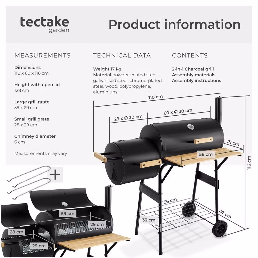 tectake 2-in-1 Charcoal Grill Smoker with Thermometer and 2 Chambers, Black, W/D/H: 116.0 x 110.0 cm – 6
