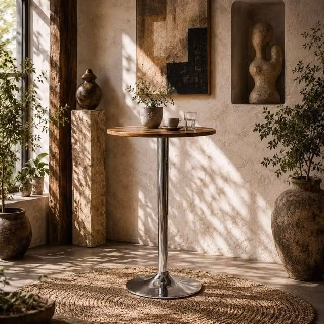 Wyld Haus Redone Rustic Brown Adjustable Swivel Round Bar Table with Steel Base – 1