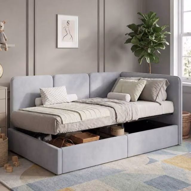 Matteo Grey Velvet Single Ottoman Daybed with Lift-Up Storage W/D/H: 90 x 190 cm