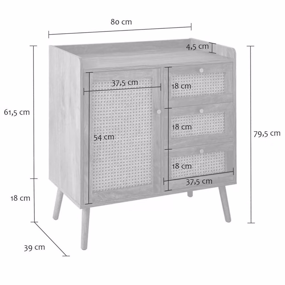 CALICOSY Chest of Drawers with 1 Door and 3 Drawers, Rattan Fronts and Wood in Light Brown, W/D/H: 79.5 x 39.0 x 80.0 cm – 3