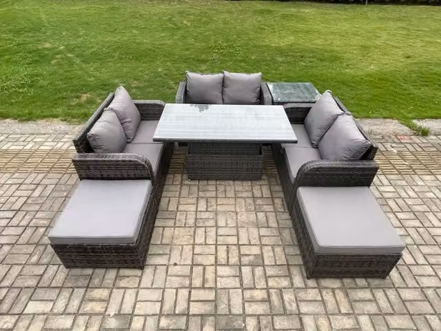 Fimous 3 Piece Rattan Garden Furniture Set in Dark Grey with Adjustable Height Dining Table, Side Table and 2 Footstools