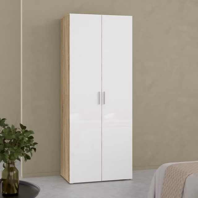 Furniture To Go Pepe 2-Door Wardrobe in Oak and White with Internal Shelves and Hanging Rod