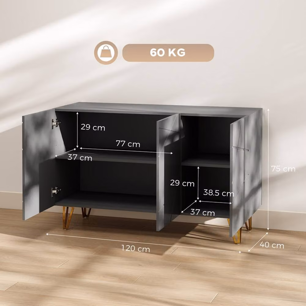 HOMCOM High Gloss Grey Sideboard Storage Cabinet with Adjustable Shelves and Gold Accents – 3