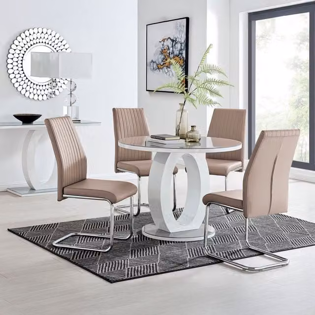 FurnitureboxUK Giovani Round Dining Table and 4 Lorenzo Chairs Set with Grey Glass Top and Beige Faux Leather Chairs, Diameter: 100 cm, H: 75 cm