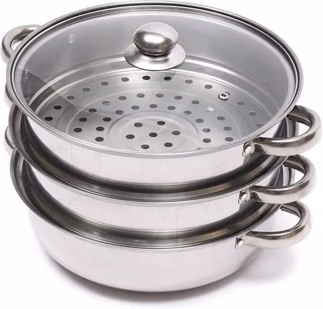 Nordara 3-Tier Stainless Steel Steamer Pot with Glass Lid, Silver