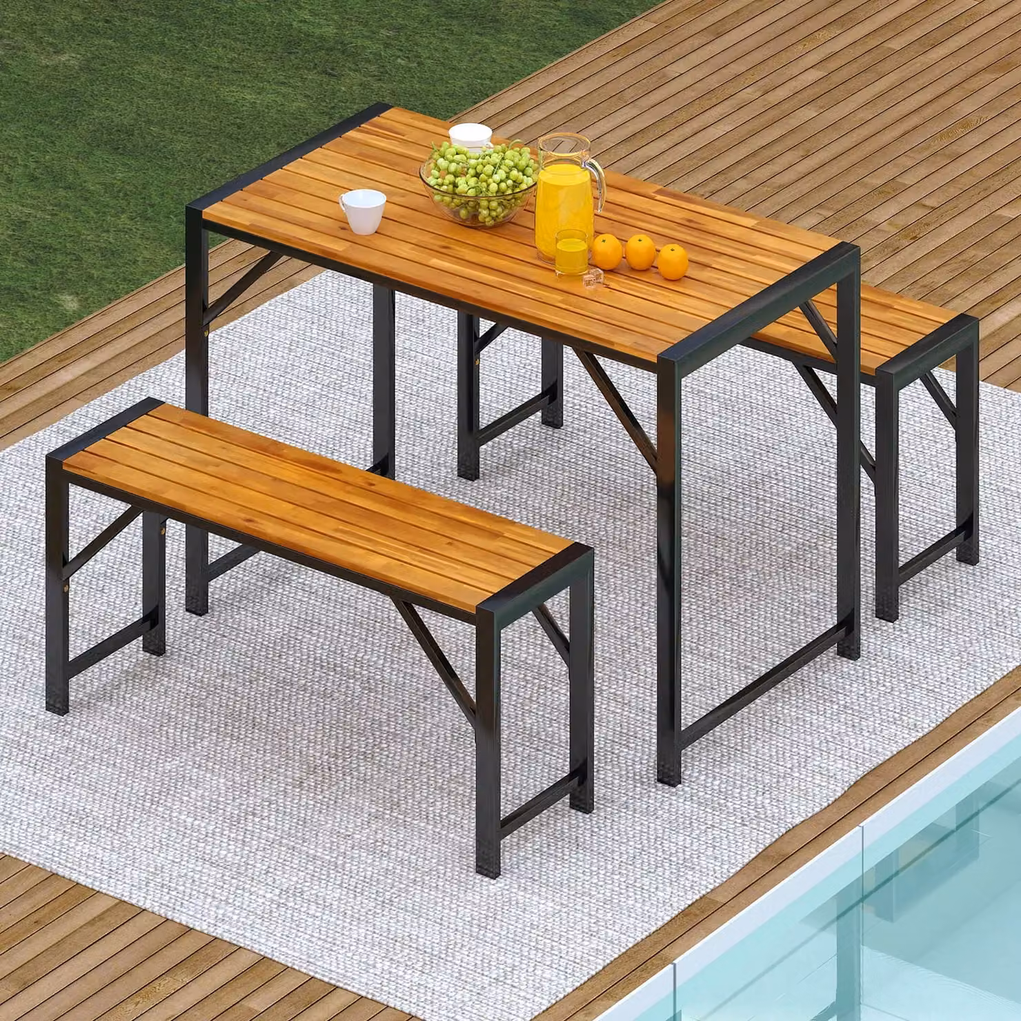 Costway 3-Piece Acacia Wood Patio Dining Set with Rectangular Picnic Table and 2 Benches in Brown – 9