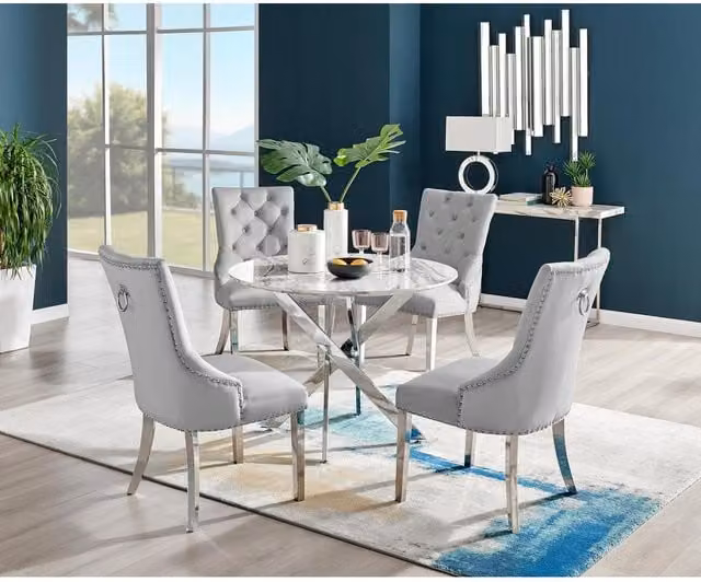 FurnitureboxUK Novara White Marble Round Dining Table and 4 Belgravia Chairs in Green