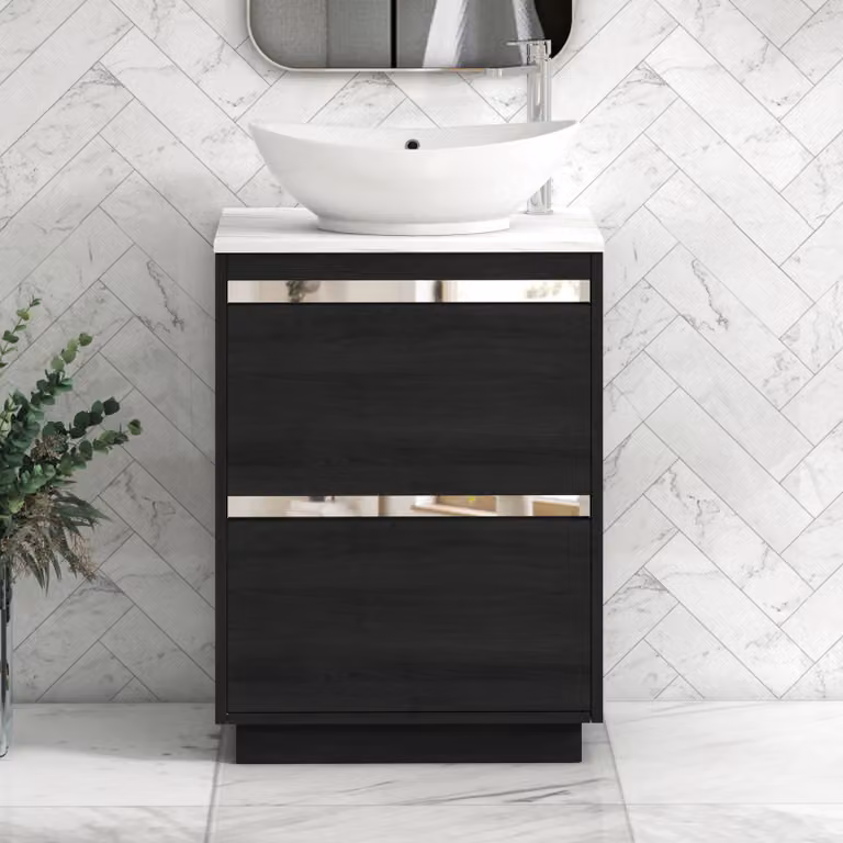 Royal Bathrooms Orion 600mm Hale Black Floor Standing Vanity Unit with Amaze Basin and Carrara White Countertop, 2 Drawers and Chrome Accent Trim