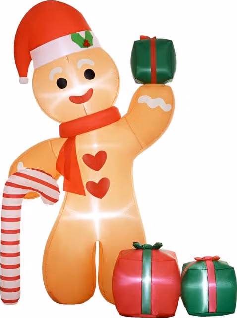 Outsunny 8ft Christmas Inflatable Gingerbread Man with Candy Cane and Three Gift Bags, Multicolour Outdoor Blow Up Decoration