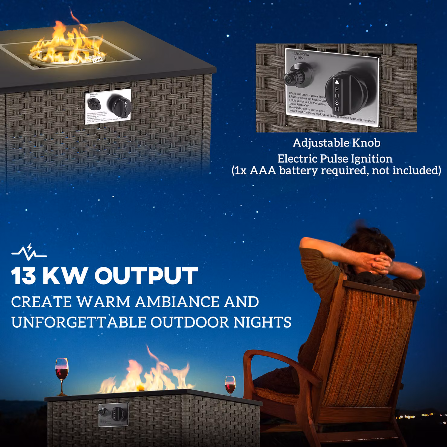 Outsunny Grey Rattan Gas Fire Pit Table with Lid, 13 KW Smokeless Propane Square Garden Coffee Table, W/D/H: 58 x 58 x 33 cm – 5