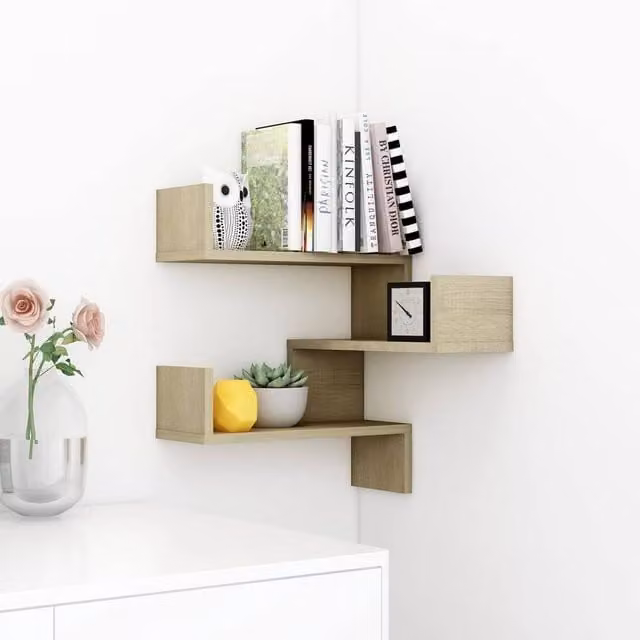 Berkfield Home Sonoma Oak Wall Corner Shelf in Light Tan, W/D/H: 40 x 40 x 50 cm