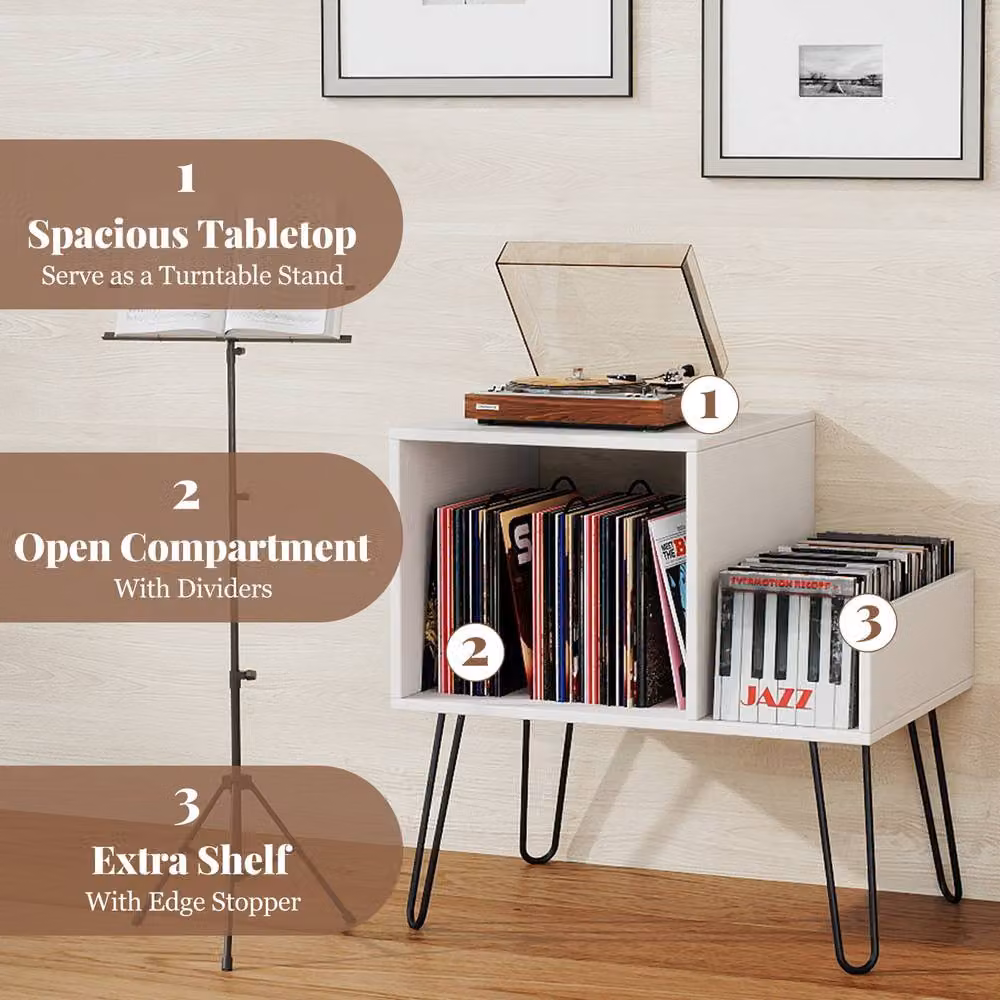Gymax White Metal Turntable Stand with Power Outlet and Display Shelf – 5