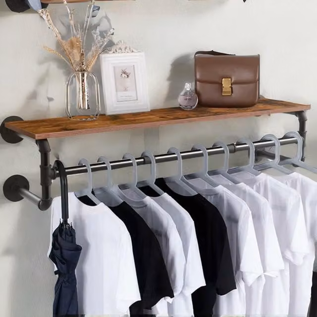 FURNOS Industrial Heavy Duty Pipe Wall-Mounted Floating Shelf with Hanging Rail in Brown and Black