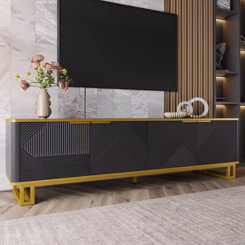 Matteo Modern Black and Gold Geometric TV Unit with Four Doors and Matt Finish – 4