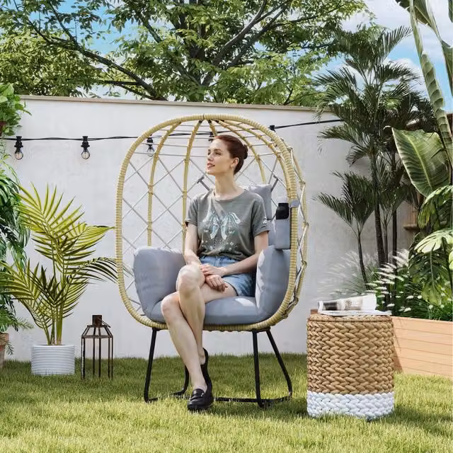Outsunny Grey Rattan Garden Egg Chair with Thickened Cushion