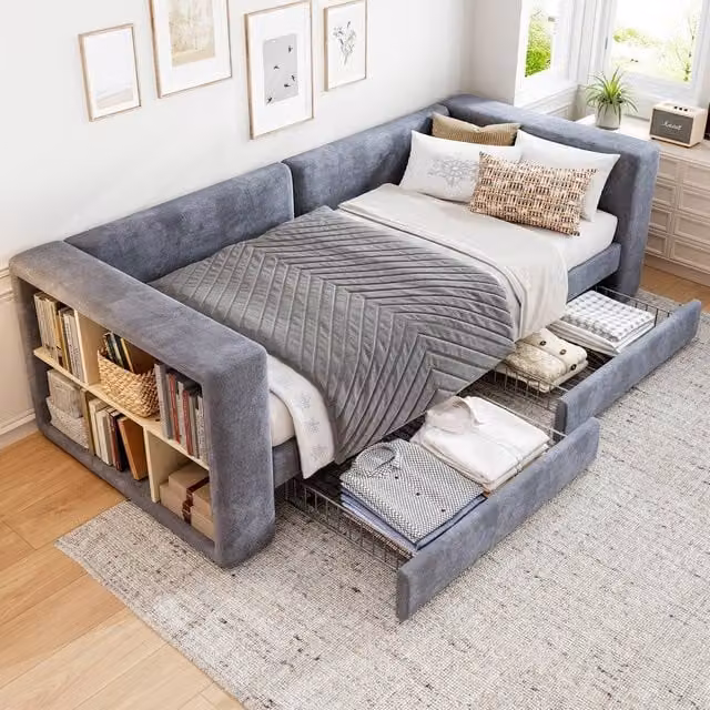 Rolipo Grey Velvet Single Daybed Sofa Bed with Storage Drawers, W/D/H: 90 x 190 x 74.5 cm – 1