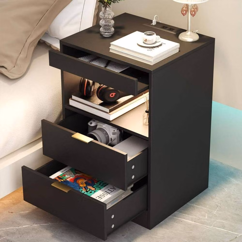 Ventryn Mondeer Black LED Bedside Table with Hidden Drawer and Integrated Lighting – 4