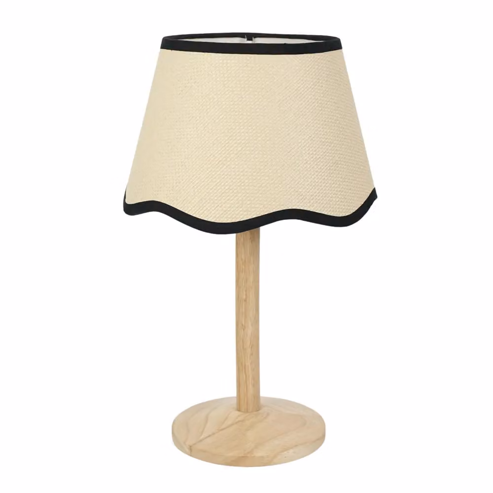 ValueLights Triston Natural Wood Stem Table Lamp with Black Scallop Trim Fabric Shade – 2