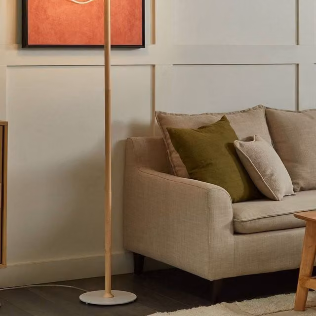 Wyld and Coco Minimalist LED Floor Lamp with White Shade and Wood Frame – 1