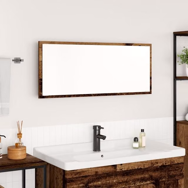 Berkfield Home Rectangular Bathroom Mirror in Brown with Rustic Old Wood and Glass, W/D/H: 90 x 8.5 x 37 cm