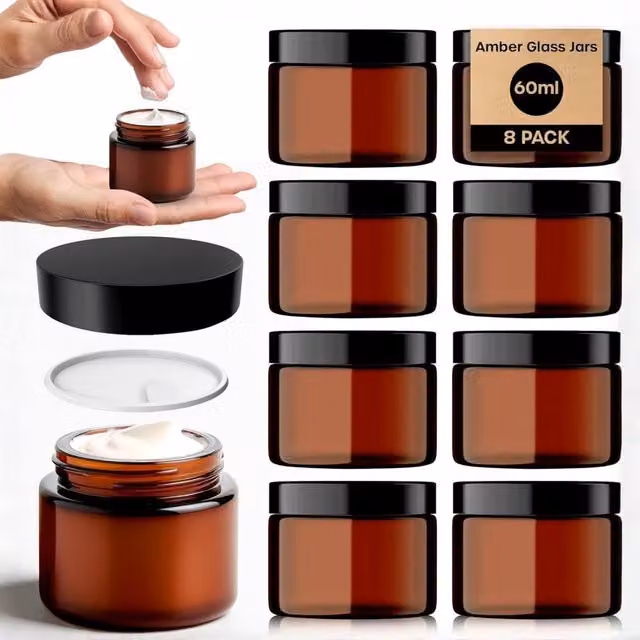 Volila 16 Pack Amber Glass Cosmetic Jars with Lids and Spatula, 60ml UV Protection Containers