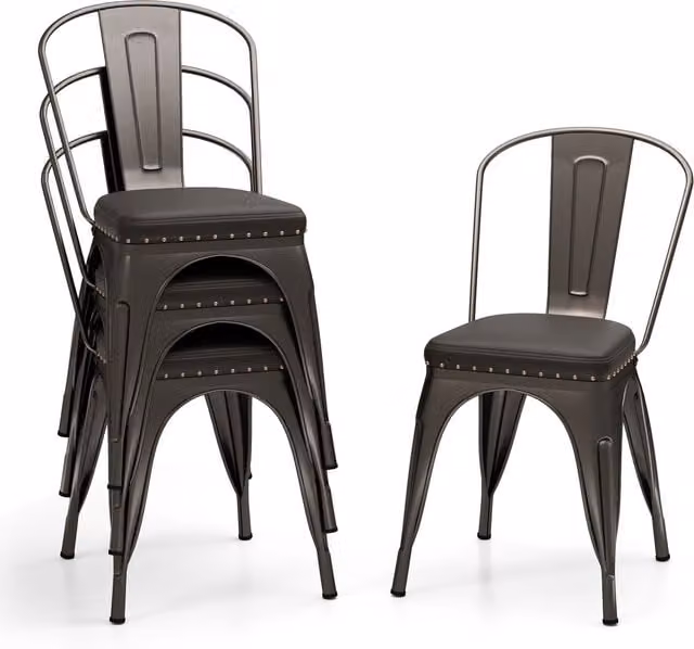 Costway Set of 4 Stackable Dining Room Chairs in Green and Black Synthetic Leather with Metal and Plastic Frames