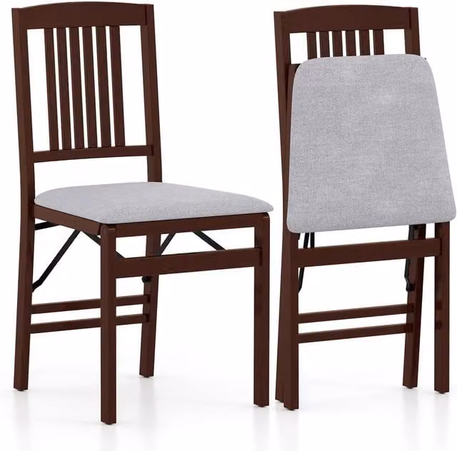 Costway Set of 2 Grey Upholstered Folding Dining Chairs with Vintage Rubberwood Finish – 1