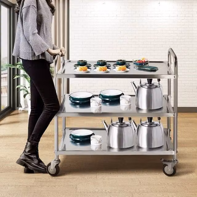 EONLION 3 Tier Stainless Steel Rolling Kitchen Trolley in Silver, H 100 cm x W 100 cm x D 90 cm