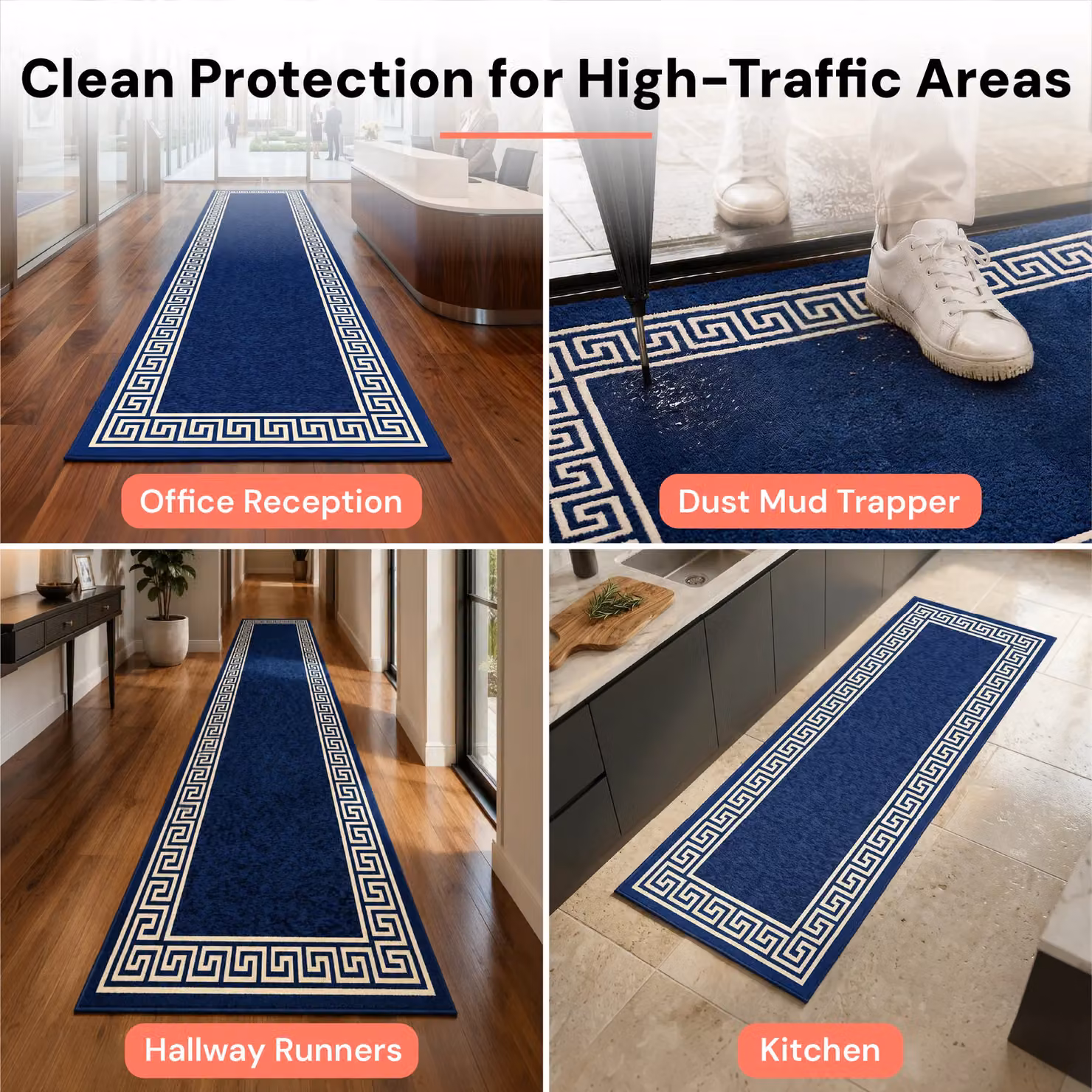 Smart Living Greekey Non Slip Machine Washable Striped Hallway and Kitchen Door Mat, Blue, W: 80 cm, L: 300 cm – 5