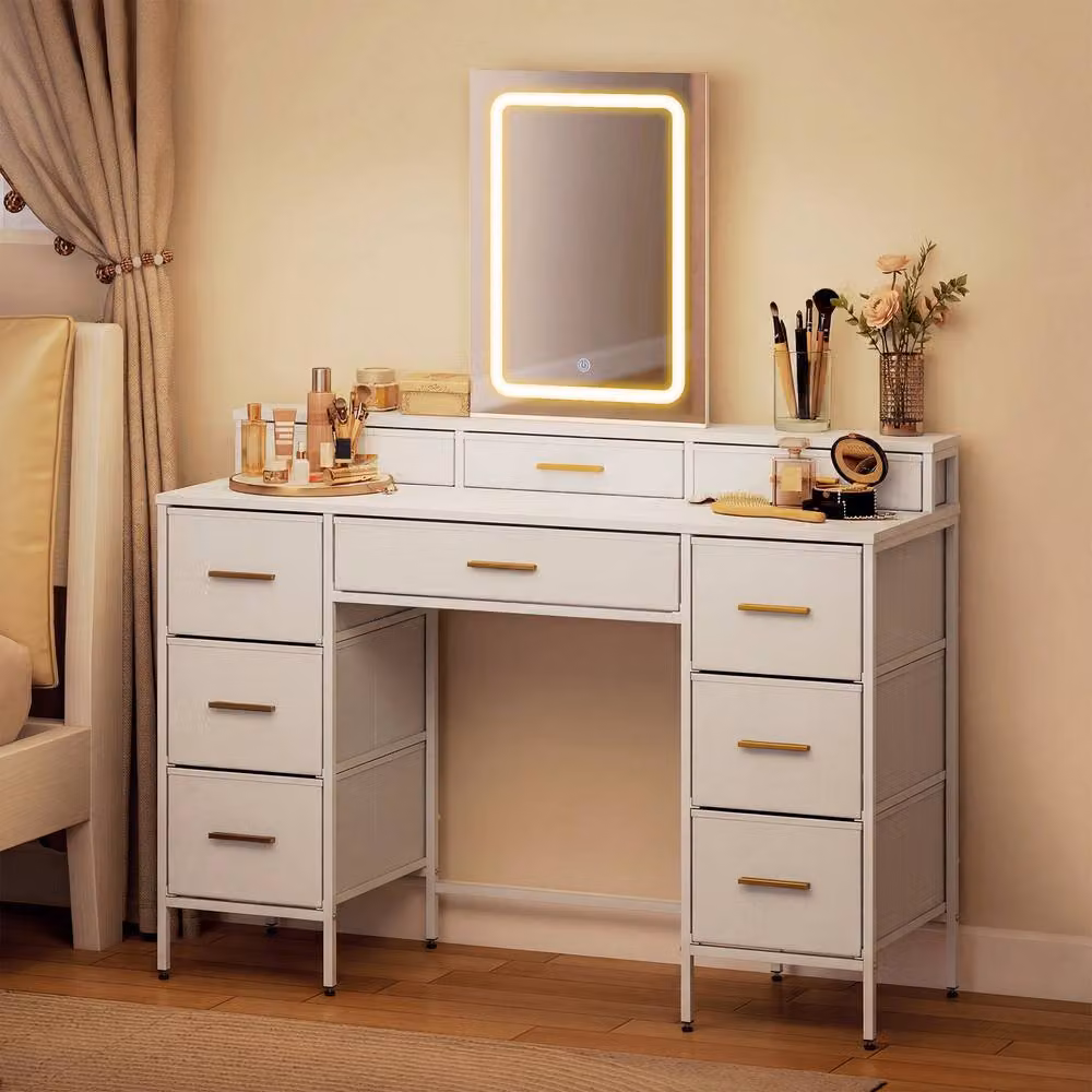 STILVORA Dressing Table with LED Mirror and 10 Drawers in White and Gold – 2