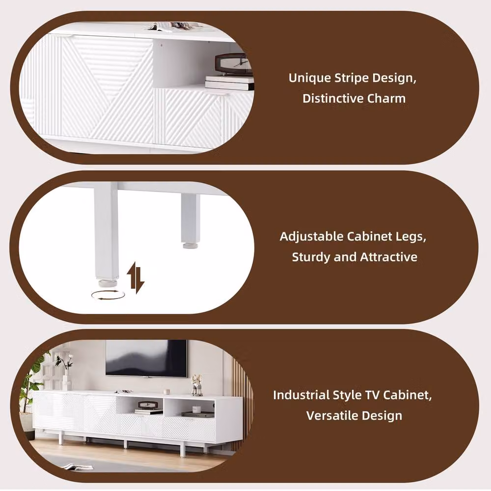 Tokpiedi Modern Geometric Entertainment Center with Storage Cabinets in White, W/D/H: 200 x 40 x 51 cm – 3
