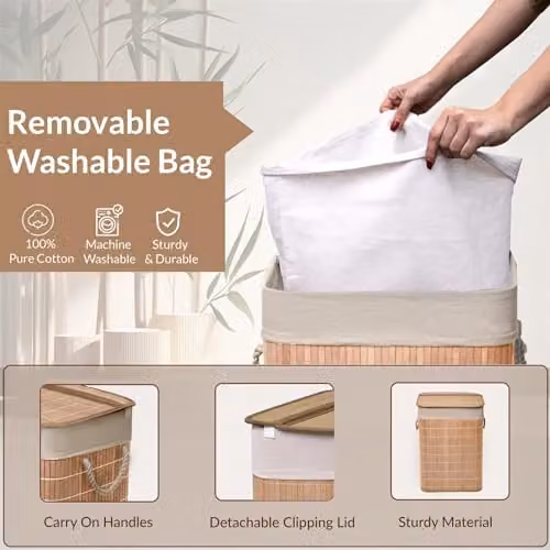 MantraRaj Bamboo Foldable Laundry Basket with Lid and Removable Liner, 65L Square Hamper in Brown or Grey – 2
