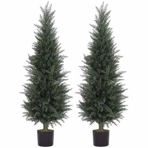 HOMCOM Set of 2 Green Artificial Cypress Trees with Plastic and Concrete Pots, Height: 120 cm, W/D/H: 40 x 40 x 120 cm – 1