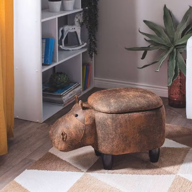 Wyld and Coco Hippo Kids Stool with Storage in Brown Faux Leather and Rubberwood Legs – 1