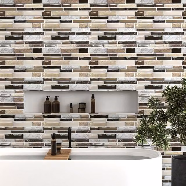 Walplus Brown Stone Look Glossy Mosaic Geometric Stick on Tile Stickers