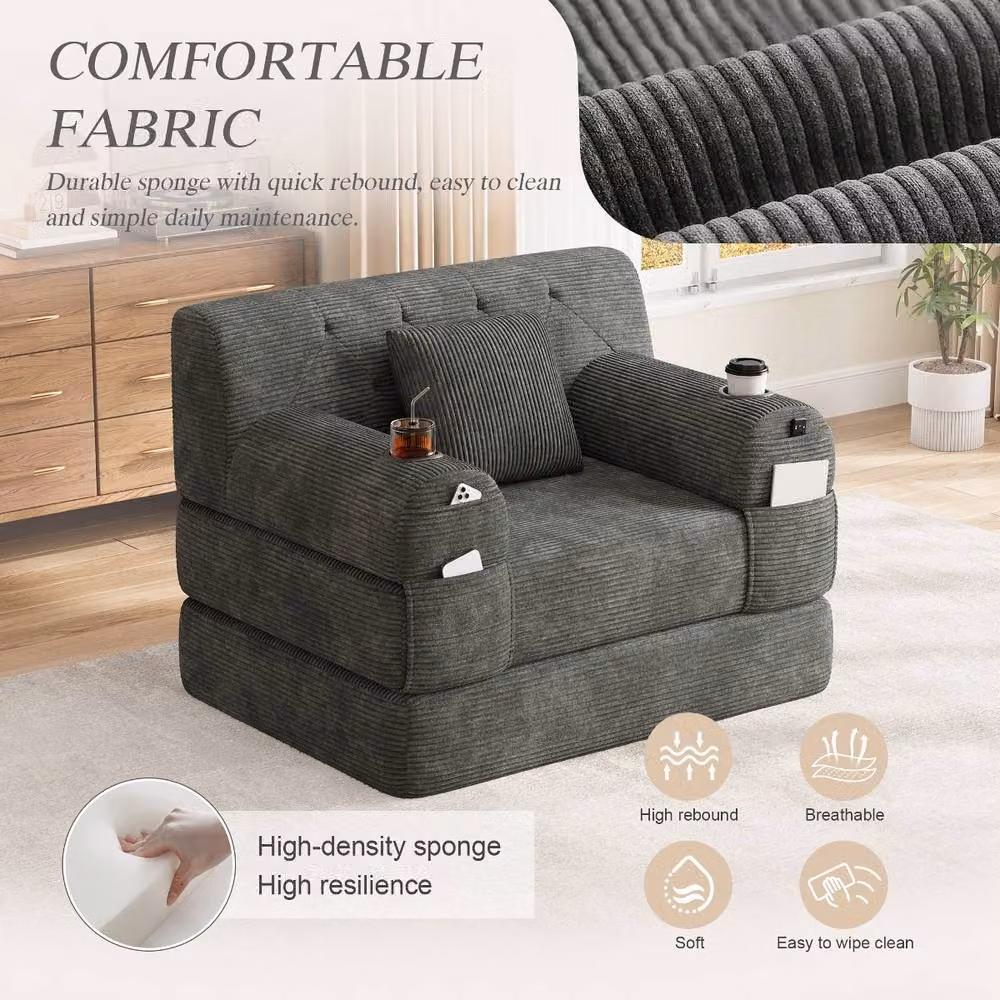 Rolipo Grey Corduroy 1-Seater Sleeper Sofa Chair with Cup Holders – 5