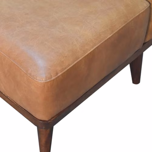 Artisan Furniture Scandinavian Mango Wood and Brown Leather Footstool with Backrest W/D/H: 60 x 50 x 50 cm – 4