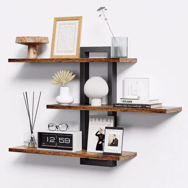 KORVIXA 3-Tier Brown Wooden Floating Shelves with Industrial Metal Wall Mount