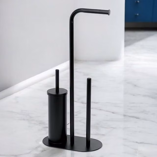 Showerdrape Aspen Black 3 in 1 Freestanding Metal Toilet Roll Holder and Brush Combo