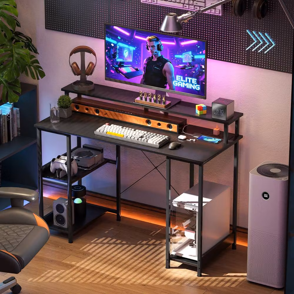 Rolipo Modern LED Computer Desk with Power Outlets and Shelves in Black – 4