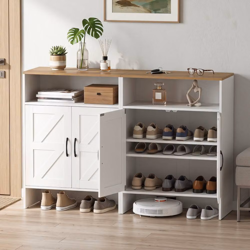Costway Narrow White Shoe Storage Cabinet with 2 Barn Doors and Internal Shelves – 4