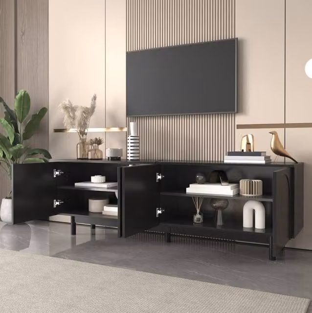 STILVORA Minimalist TV Cabinet in Matt Black with 4 Doors and Adjustable Shelves, W/D/H: 175.0 x 56.0 x 56.0 cm