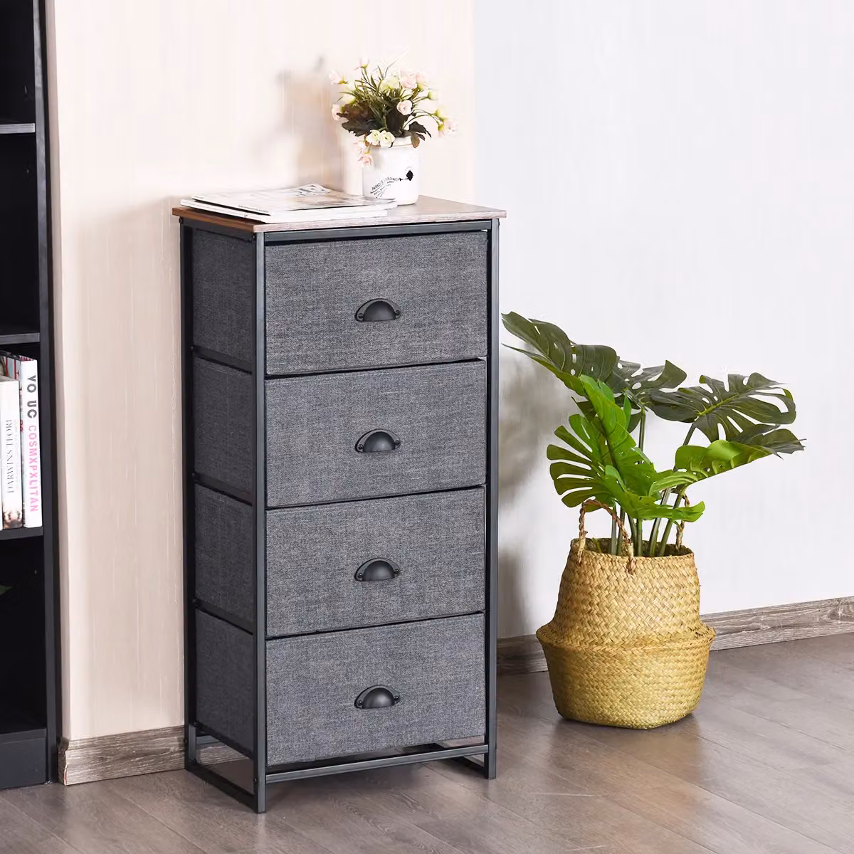 Costway 4-Drawer Fabric Dresser with Metal Frame, Grey Multicolour Chest of Drawers and Nightstand – 5