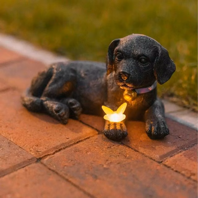 Garden Mile Black Resin Garden Puppy Ornament with Solar Butterfly
