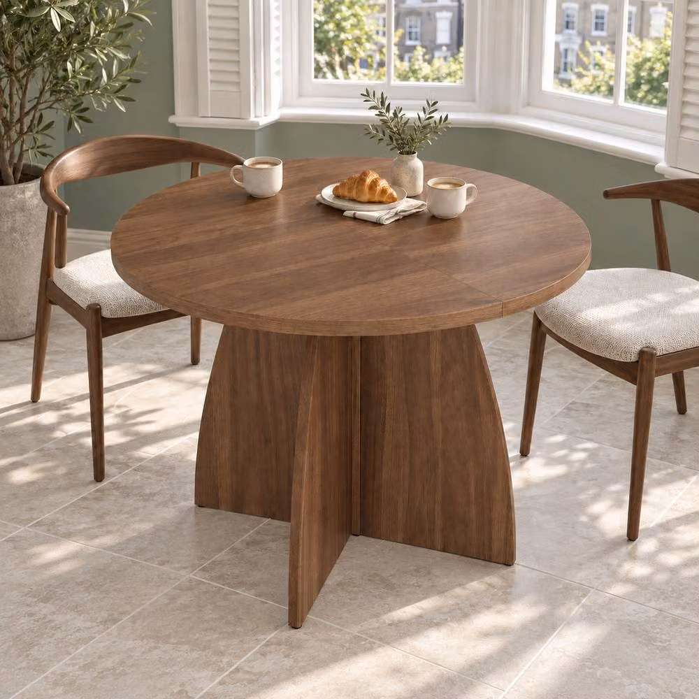 Merax Extendable Round to Oval Dining Table with Pedestal in Walnut Brown – 3