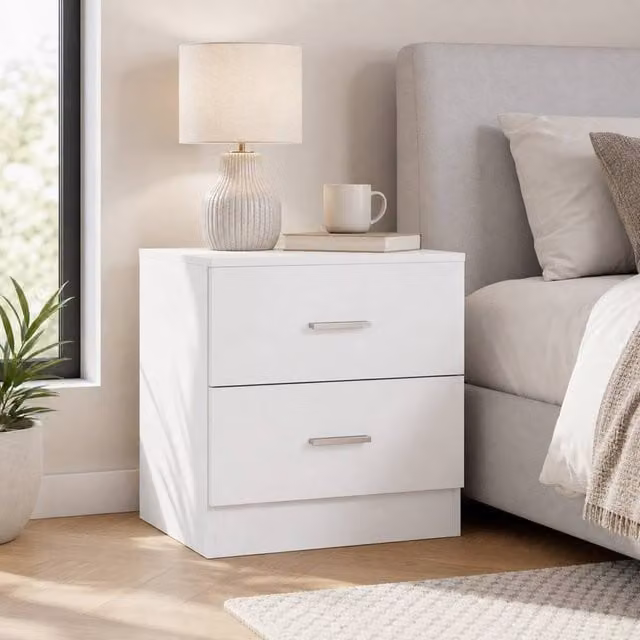 STILVORA Modern White Bedside Table with 2 Drawers