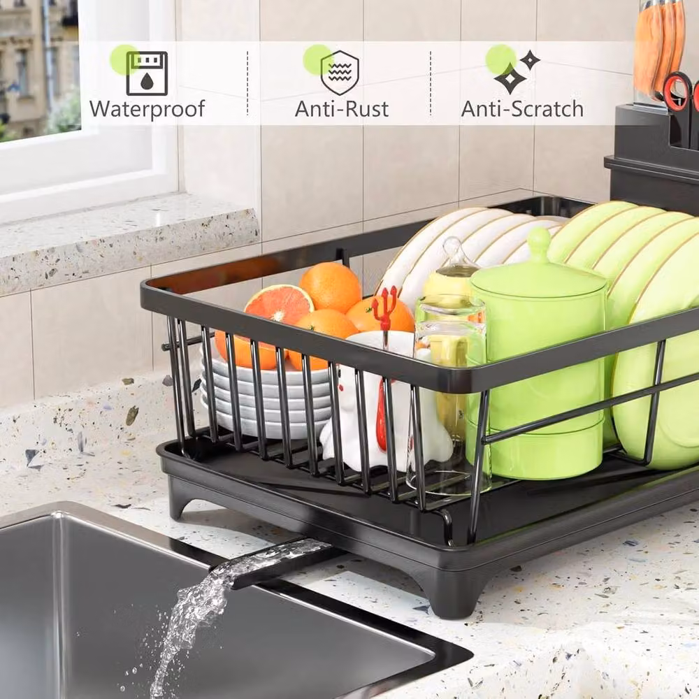 VOGREX Space Saving Kitchen Counter Dish Drainer Rack in Black, W/D/H: 37.8 x 28.3 x 14.5 cm – 3